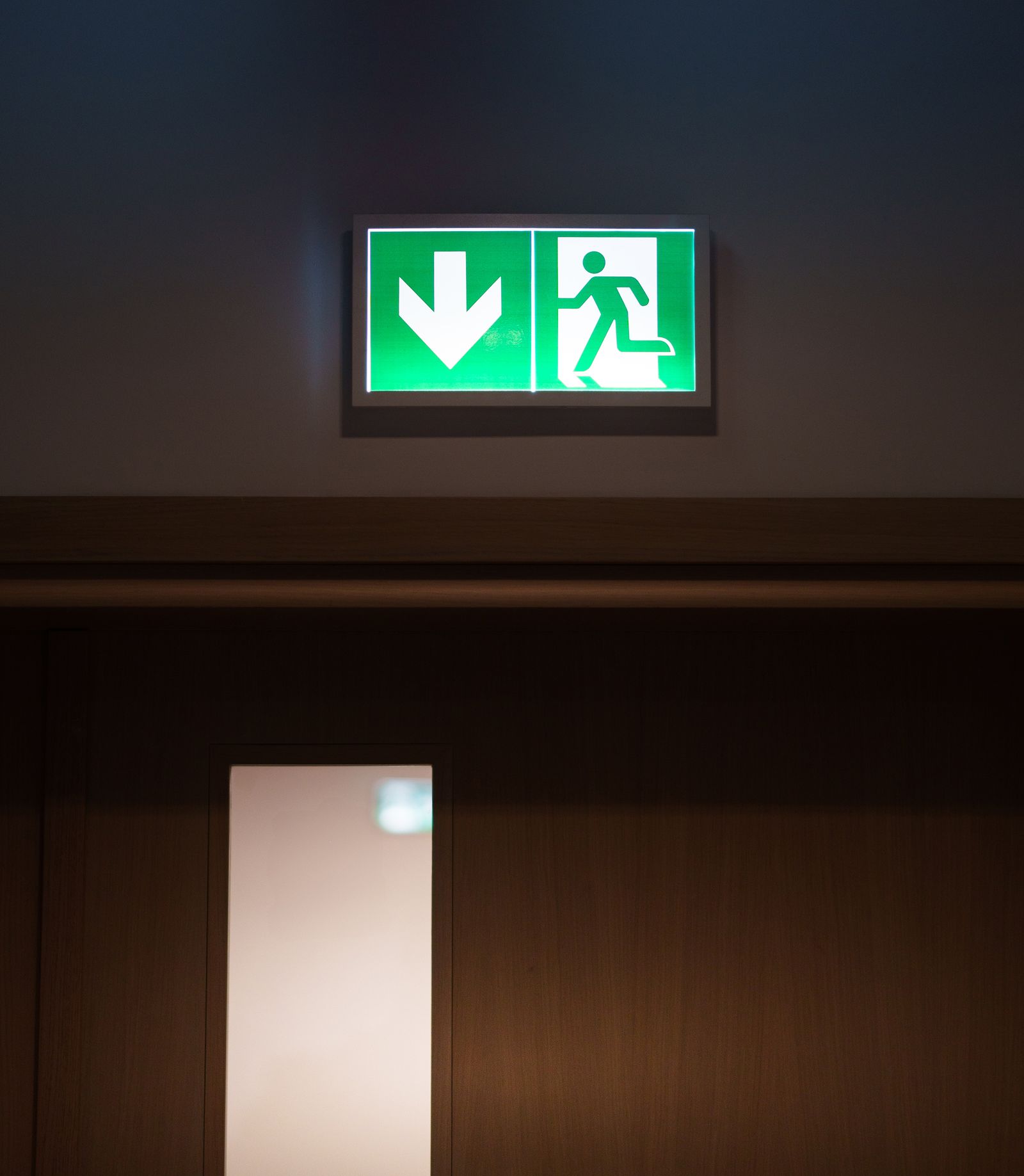Timber fire door with vision panel and illuminated exit signage